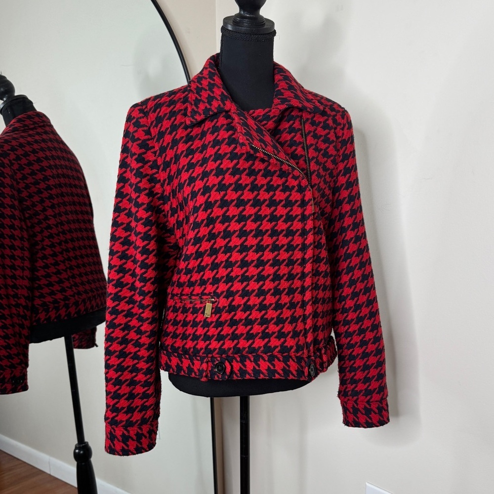 Tommy Hilfiger Houndstooth Moto Jacket Red Navy Size 14
